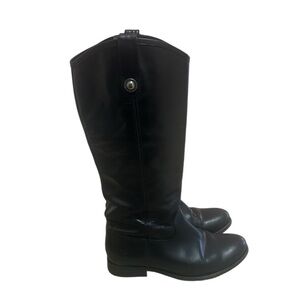 Frye Black Leather tall pull on round toe flat Boots silvertone accent
